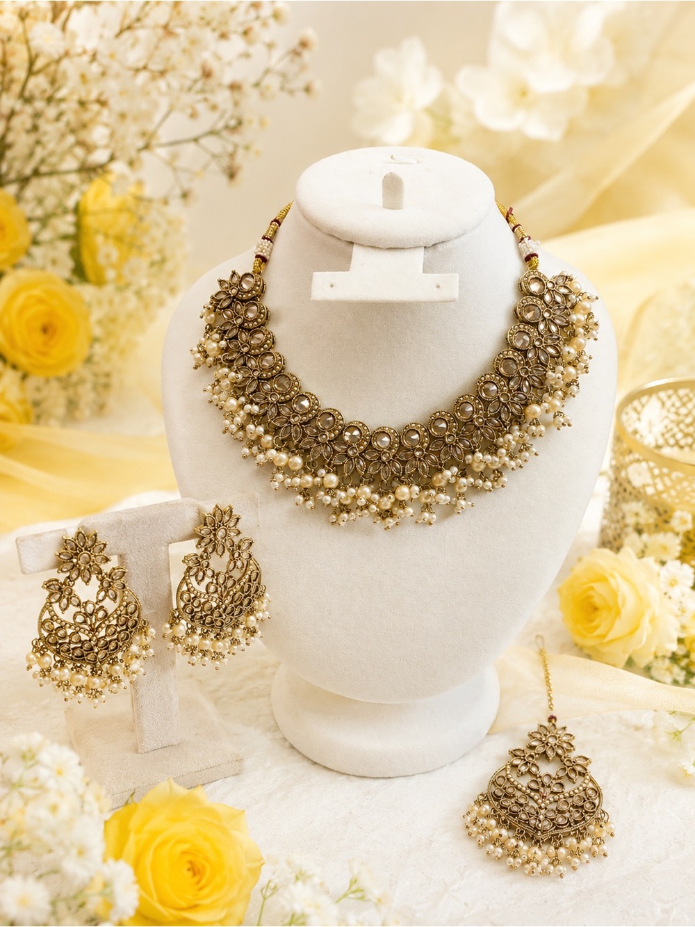 Gold Pearl Choker Necklace Set - Women Jewelry